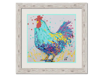 A drip painting, created with drizzles and splatters of paint, of a striking cyan rooster with accents of magenta and yellow. Printed on paper, matted, and framed.