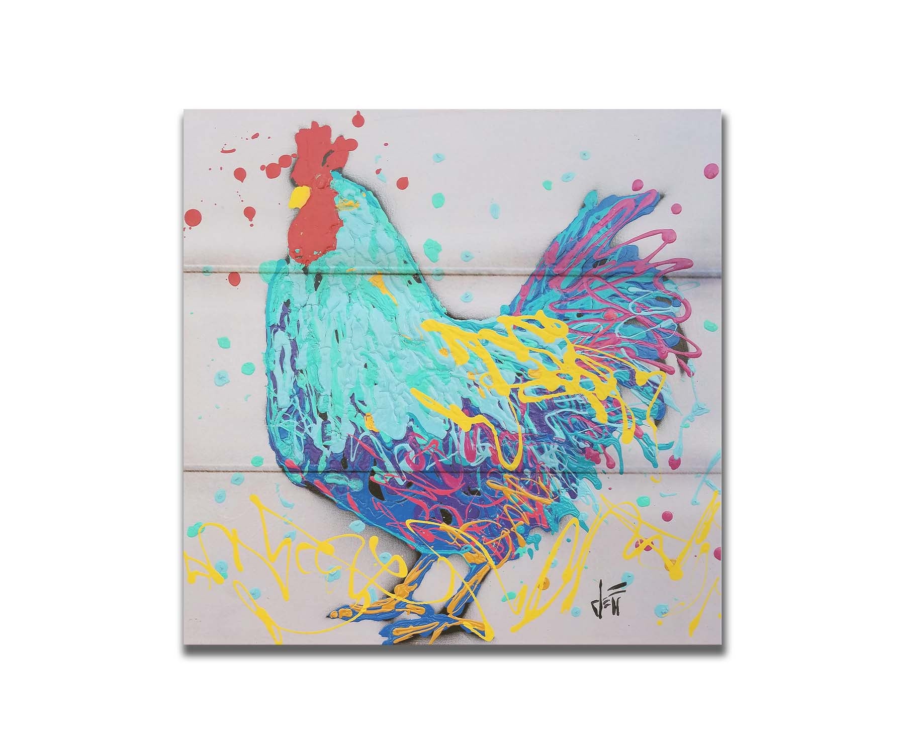 A drip painting, created with drizzles and splatters of paint, of a striking cyan rooster with accents of magenta and yellow. Printed on a box board.