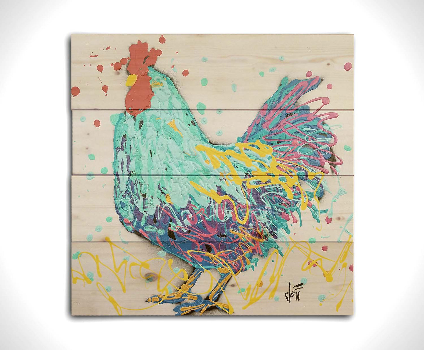 A drip painting, created with drizzles and splatters of paint, of a striking cyan rooster with accents of magenta and yellow. Printed on a wood pallet.