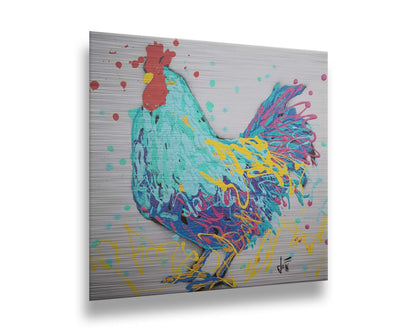 A drip painting, created with drizzles and splatters of paint, of a striking cyan rooster with accents of magenta and yellow. Printed on metal.