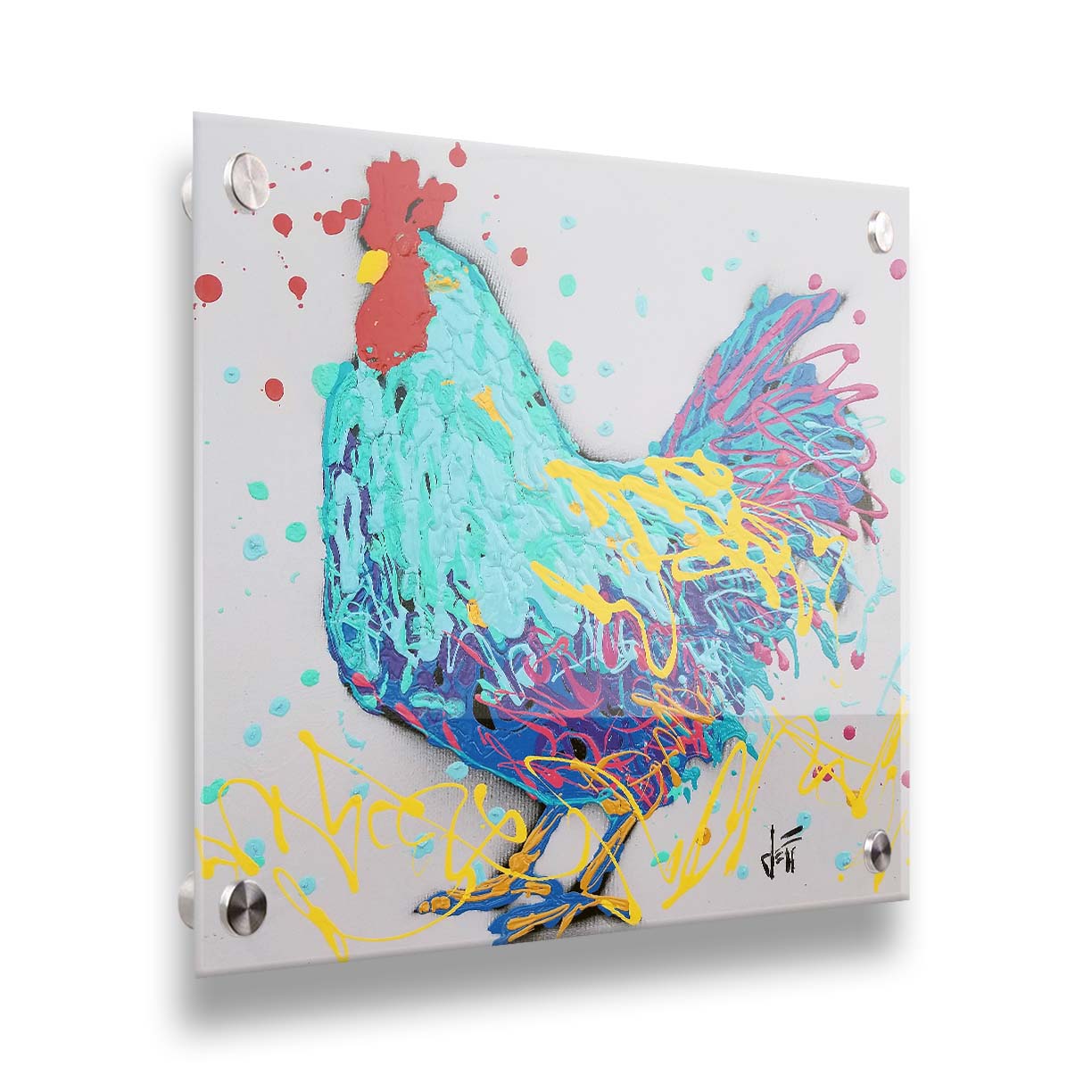 A drip painting, created with drizzles and splatters of paint, of a striking cyan rooster with accents of magenta and yellow. Printed on acrylic.