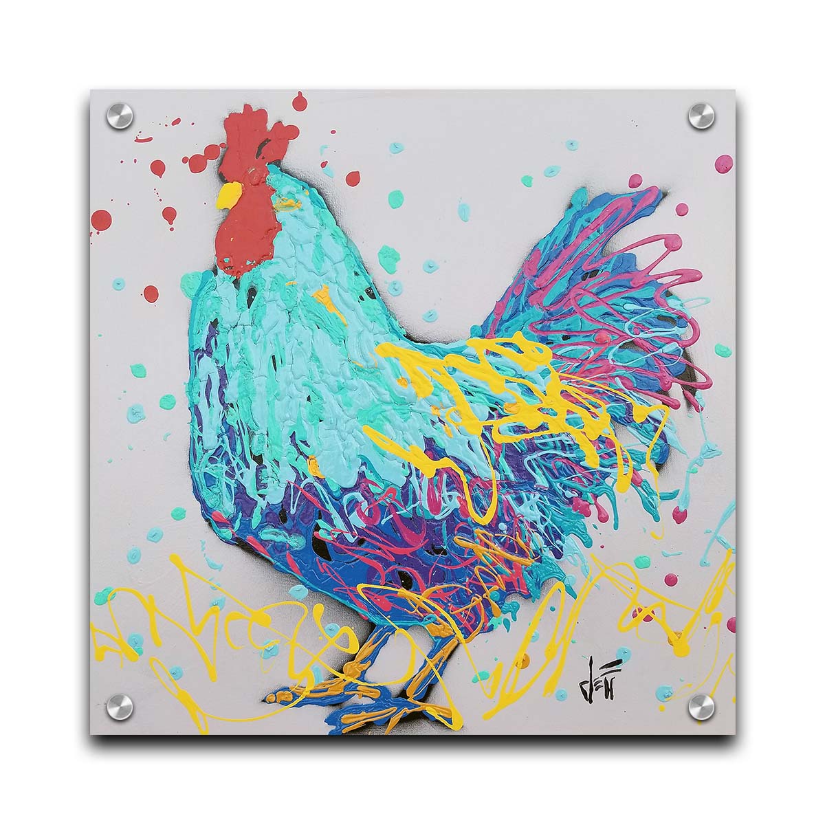 A drip painting, created with drizzles and splatters of paint, of a striking cyan rooster with accents of magenta and yellow. Printed on acrylic.