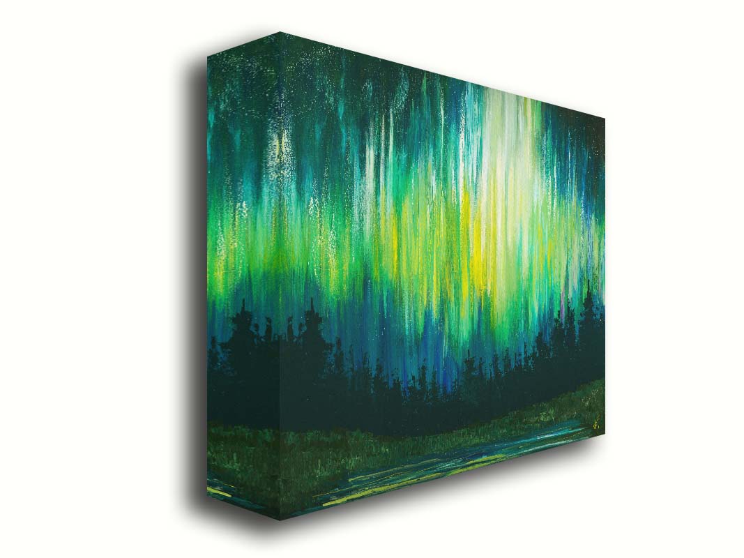 A painting of a colorful aurora in yellow, green, and blue in the sky above an evergreen forest, which surrounds a body of water reflecting the aurora. Printed on canvas.