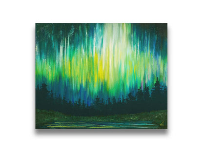 A painting of a colorful aurora in yellow, green, and blue in the sky above an evergreen forest, which surrounds a body of water reflecting the aurora. Printed on canvas.