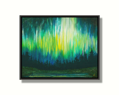 A painting of a colorful aurora in yellow, green, and blue in the sky above an evergreen forest, which surrounds a body of water reflecting the aurora. Printed on canvas in a float frame.