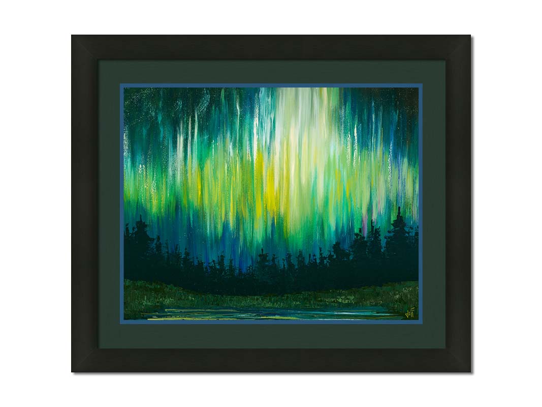 A painting of a colorful aurora in yellow, green, and blue in the sky above an evergreen forest, which surrounds a body of water reflecting the aurora. Printed on paper, matted, and framed.