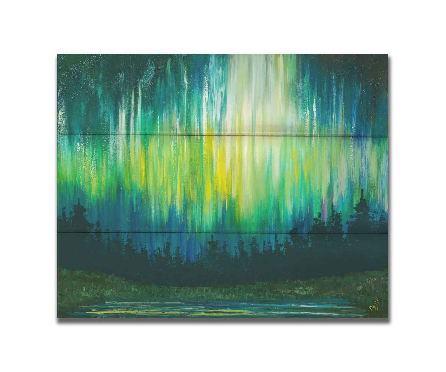 A painting of a colorful aurora in yellow, green, and blue in the sky above an evergreen forest, which surrounds a body of water reflecting the aurora. Printed on a box board.