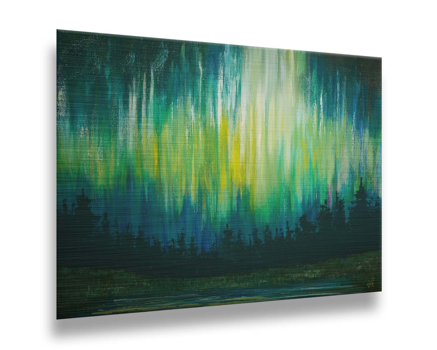 A painting of a colorful aurora in yellow, green, and blue in the sky above an evergreen forest, which surrounds a body of water reflecting the aurora. Printed on metal.