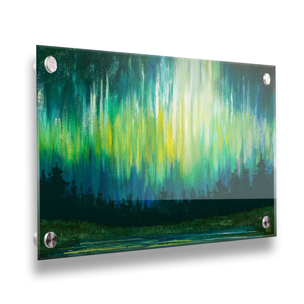 A painting of a colorful aurora in yellow, green, and blue in the sky above an evergreen forest, which surrounds a body of water reflecting the aurora. Printed on acrylic.