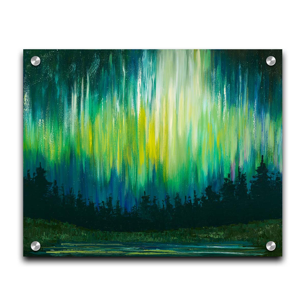 A painting of a colorful aurora in yellow, green, and blue in the sky above an evergreen forest, which surrounds a body of water reflecting the aurora. Printed on acrylic.