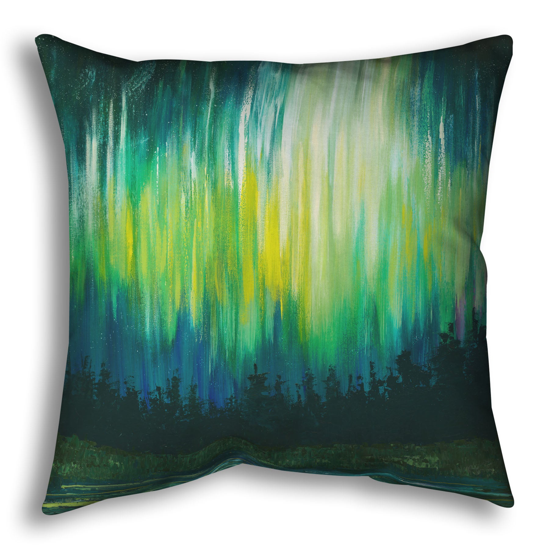 A throw pillow printed with a painting of a colorful aurora in yellow, green, and blue above an evergreen forest.