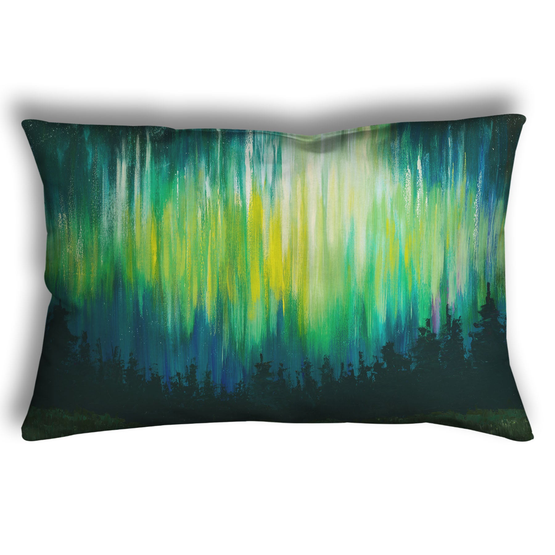 A throw pillow printed with a painting of a colorful aurora in yellow, green, and blue above an evergreen forest.
