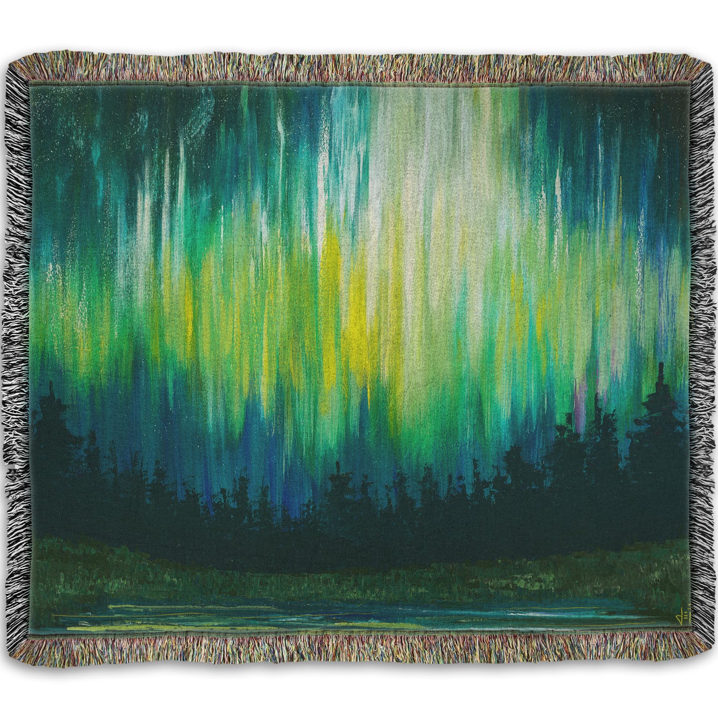 A throw blanket woven into a painting of a colorful aurora in yellow, green, and blue above an evergreen forest.