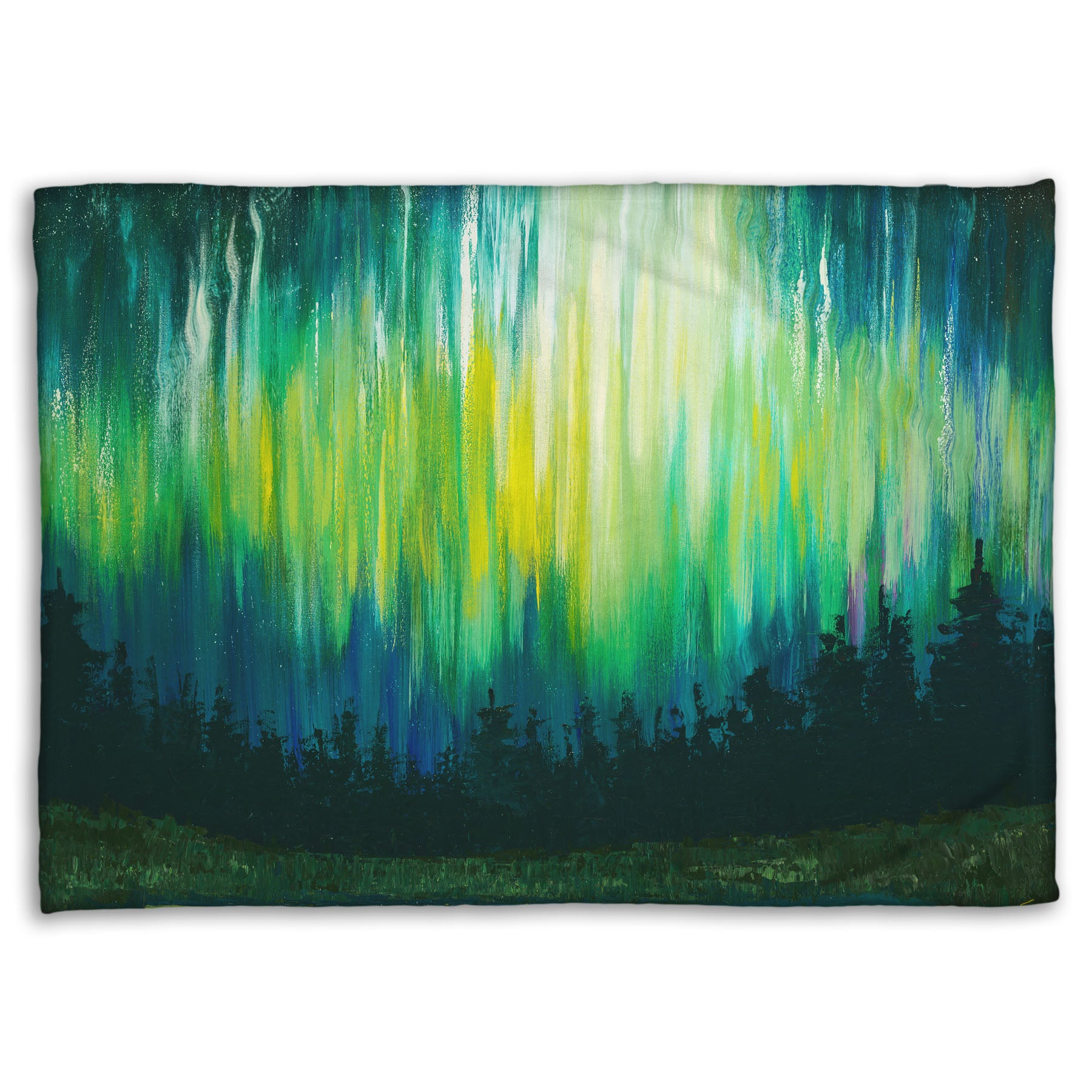 A coral fleece blanket printed with a painting of a colorful aurora in yellow, green, and blue above an evergreen forest.