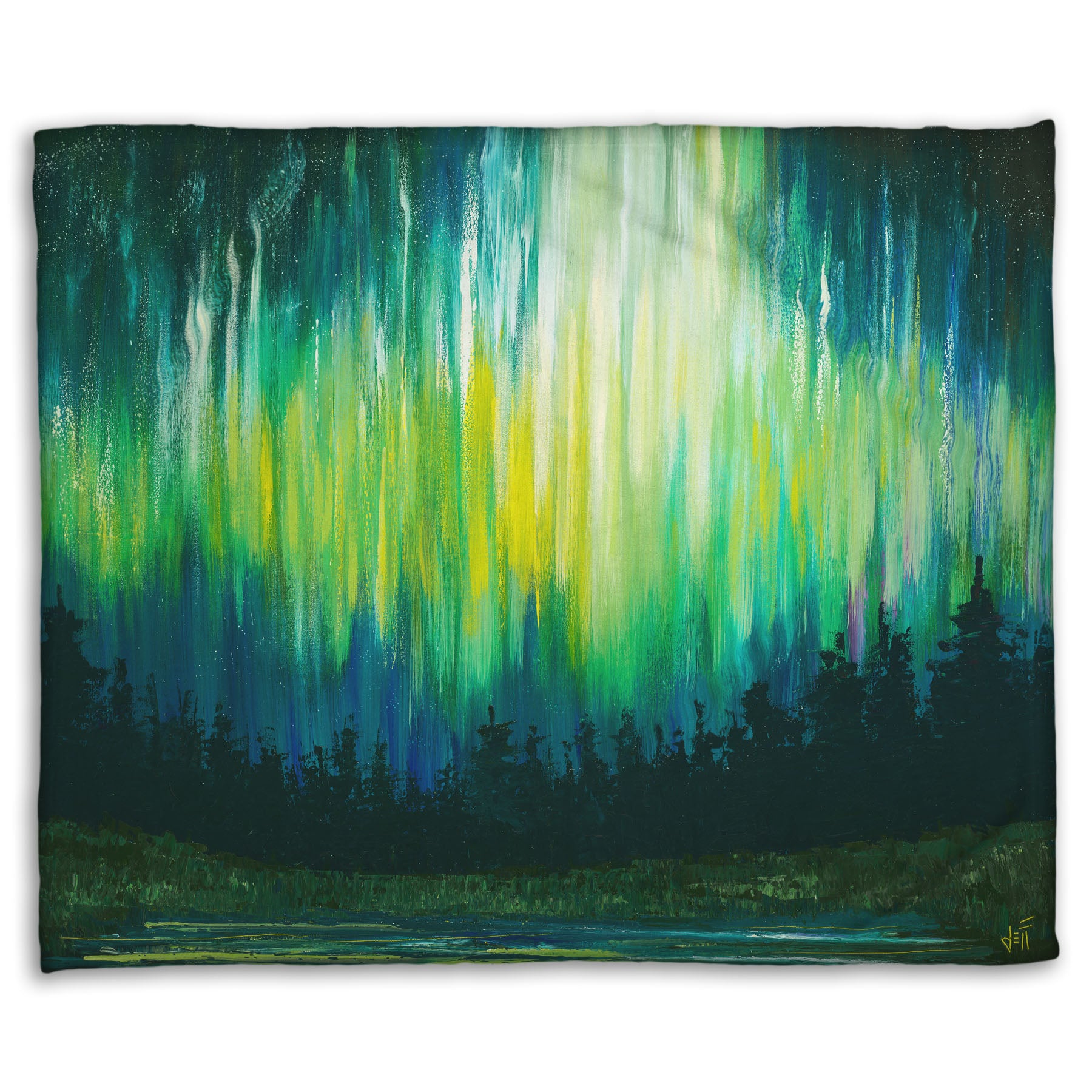 A coral fleece blanket printed with a painting of a colorful aurora in yellow, green, and blue above an evergreen forest.