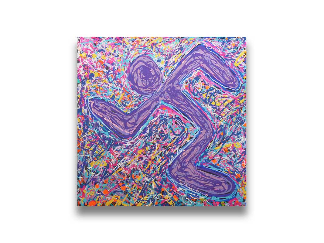 A drip painting of an abstracted, simplified symbol in the shape of a running figure. A chaotic and energetic scramble of drizzled colors forms the background to the figure, adding to the movement and energy of the runner. Printed on canvas.