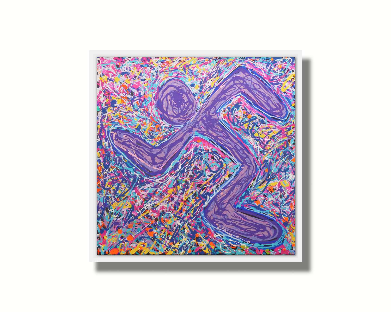 A drip painting of an abstracted, simplified symbol in the shape of a running figure. A chaotic and energetic scramble of drizzled colors forms the background to the figure, adding to the movement and energy of the runner. Printed on canvas in a float frame.