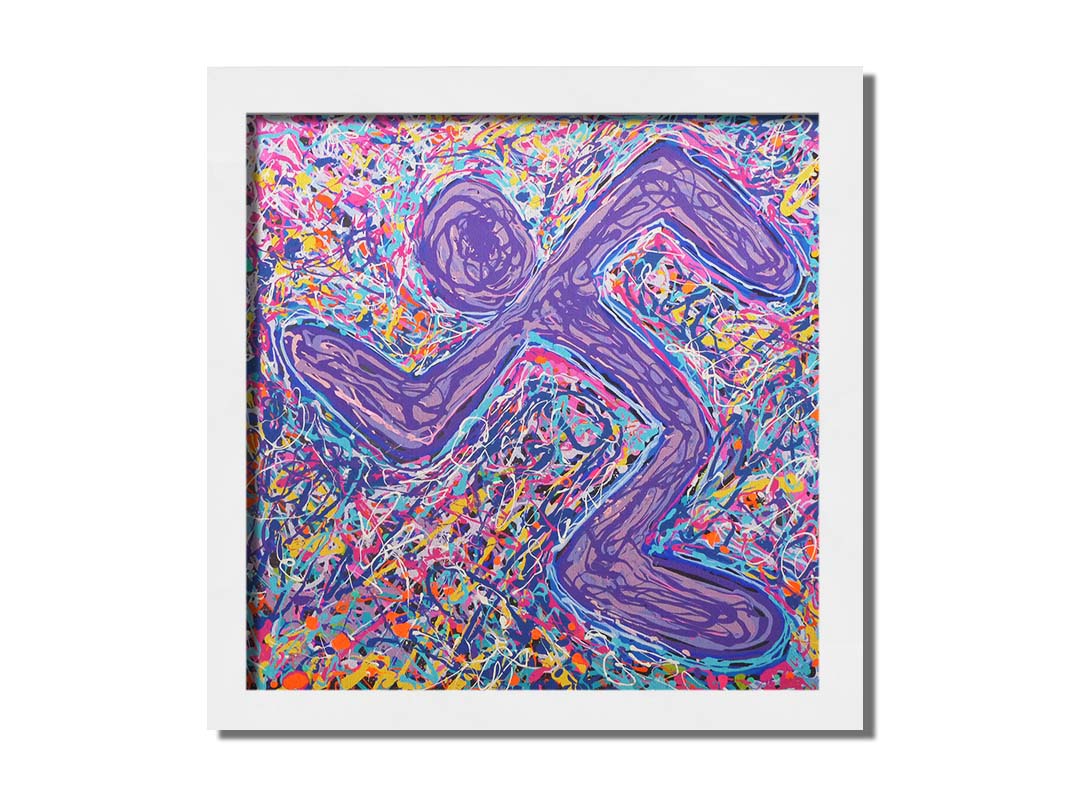 A drip painting of an abstracted, simplified symbol in the shape of a running figure. A chaotic and energetic scramble of drizzled colors forms the background to the figure, adding to the movement and energy of the runner. Printed on canvas and framed.