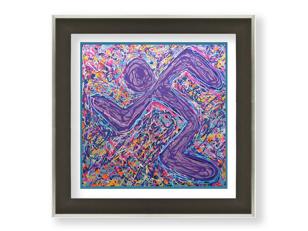 A drip painting of an abstracted, simplified symbol in the shape of a running figure. A chaotic and energetic scramble of drizzled colors forms the background to the figure, adding to the movement and energy of the runner. Printed on paper, matted, and framed.