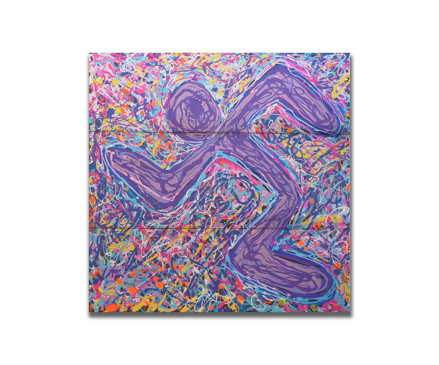 A drip painting of an abstracted, simplified symbol in the shape of a running figure. A chaotic and energetic scramble of drizzled colors forms the background to the figure, adding to the movement and energy of the runner. Printed on a box board.