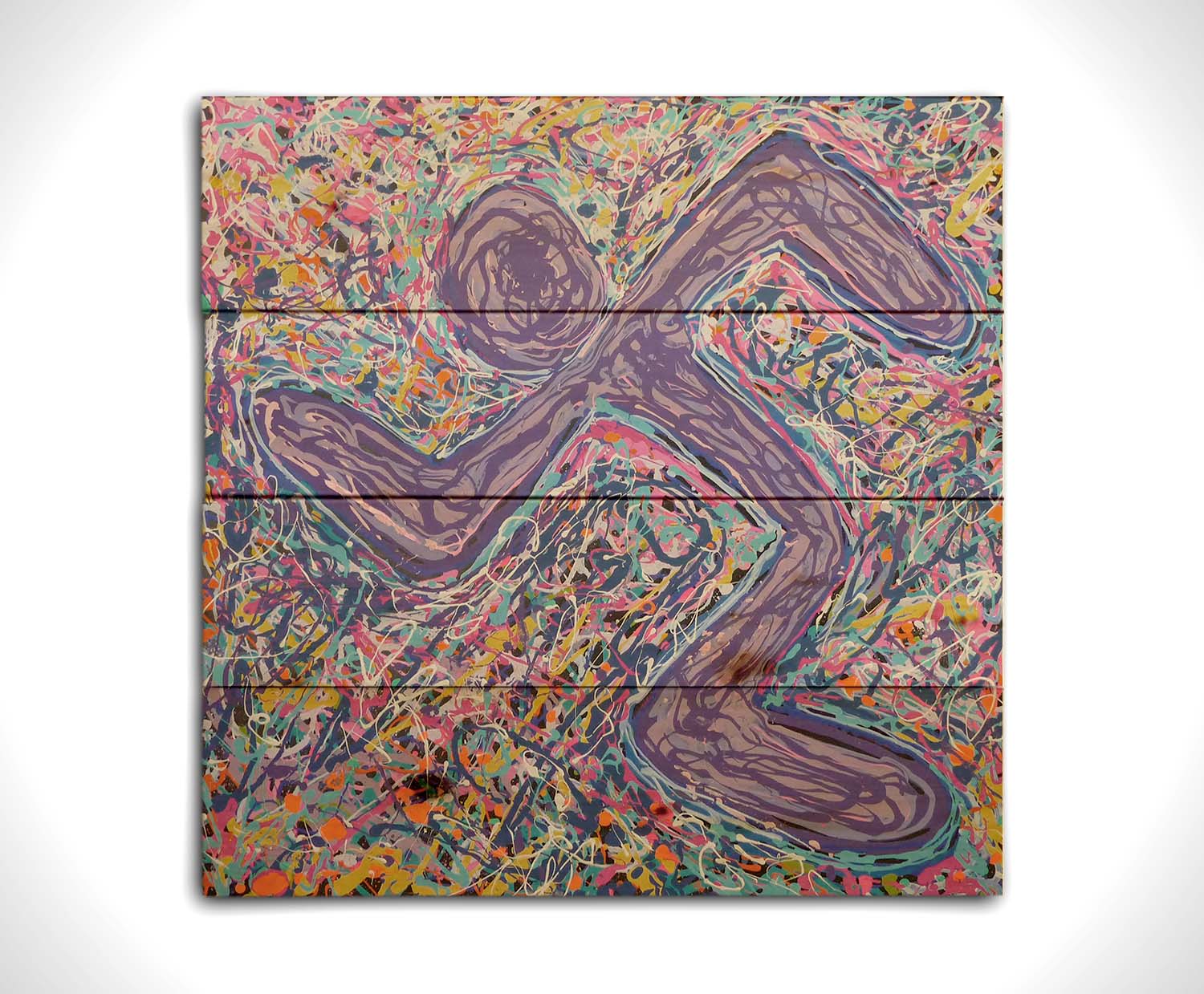 A drip painting of an abstracted, simplified symbol in the shape of a running figure. A chaotic and energetic scramble of drizzled colors forms the background to the figure, adding to the movement and energy of the runner. Printed on a wood pallet.