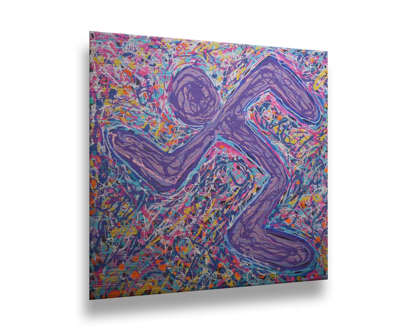 A drip painting of an abstracted, simplified symbol in the shape of a running figure. A chaotic and energetic scramble of drizzled colors forms the background to the figure, adding to the movement and energy of the runner. Printed on metal.