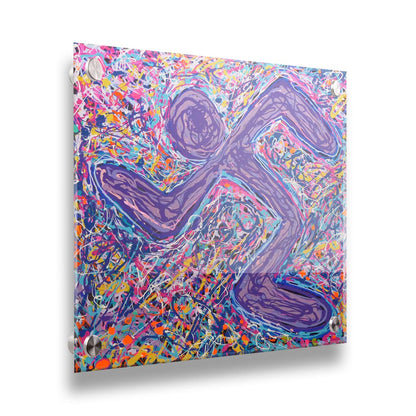 A drip painting of an abstracted, simplified symbol in the shape of a running figure. A chaotic and energetic scramble of drizzled colors forms the background to the figure, adding to the movement and energy of the runner. Printed on acrylic.