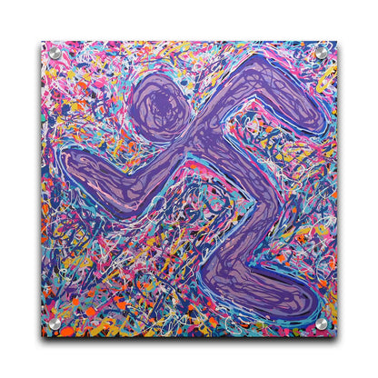 A drip painting of an abstracted, simplified symbol in the shape of a running figure. A chaotic and energetic scramble of drizzled colors forms the background to the figure, adding to the movement and energy of the runner. Printed on acrylic.