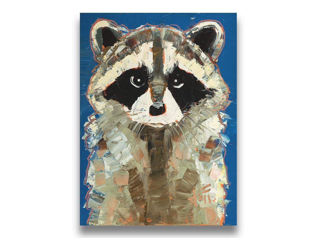 A portrait painting of a gray raccoon against a cobalt blue background. Rectangular, textured brushstrokes emphasize the fluffy textures of its fur. Printed on canvas.