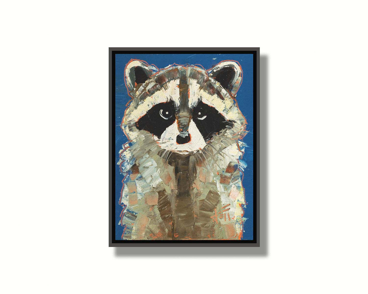 A portrait painting of a gray raccoon against a cobalt blue background. Rectangular, textured brushstrokes emphasize the fluffy textures of its fur. Printed on canvas in a float frame.