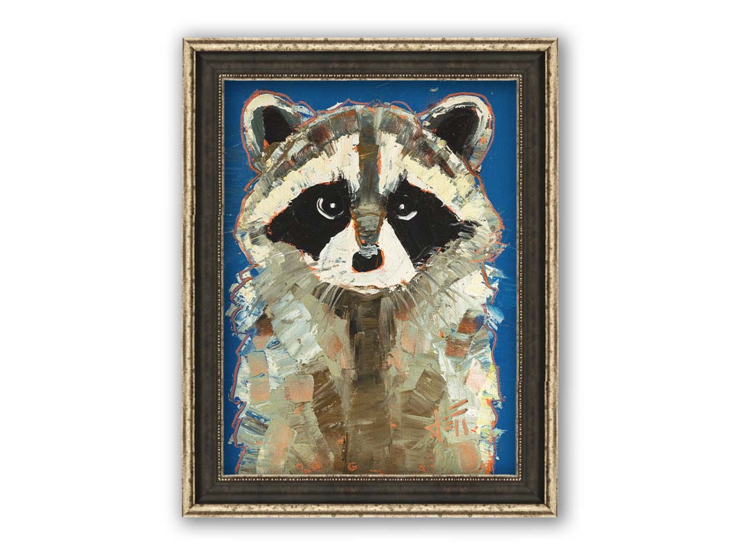 A portrait painting of a gray raccoon against a cobalt blue background. Rectangular, textured brushstrokes emphasize the fluffy textures of its fur. Printed on canvas and framed.