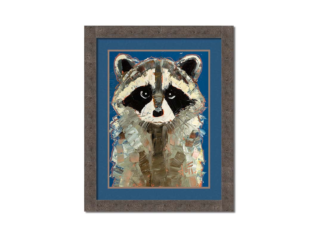 A portrait painting of a gray raccoon against a cobalt blue background. Rectangular, textured brushstrokes emphasize the fluffy textures of its fur. Printed on paper, matted, and framed.