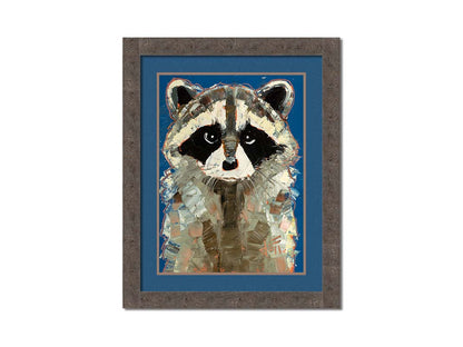 A portrait painting of a gray raccoon against a cobalt blue background. Rectangular, textured brushstrokes emphasize the fluffy textures of its fur. Printed on paper, matted, and framed.