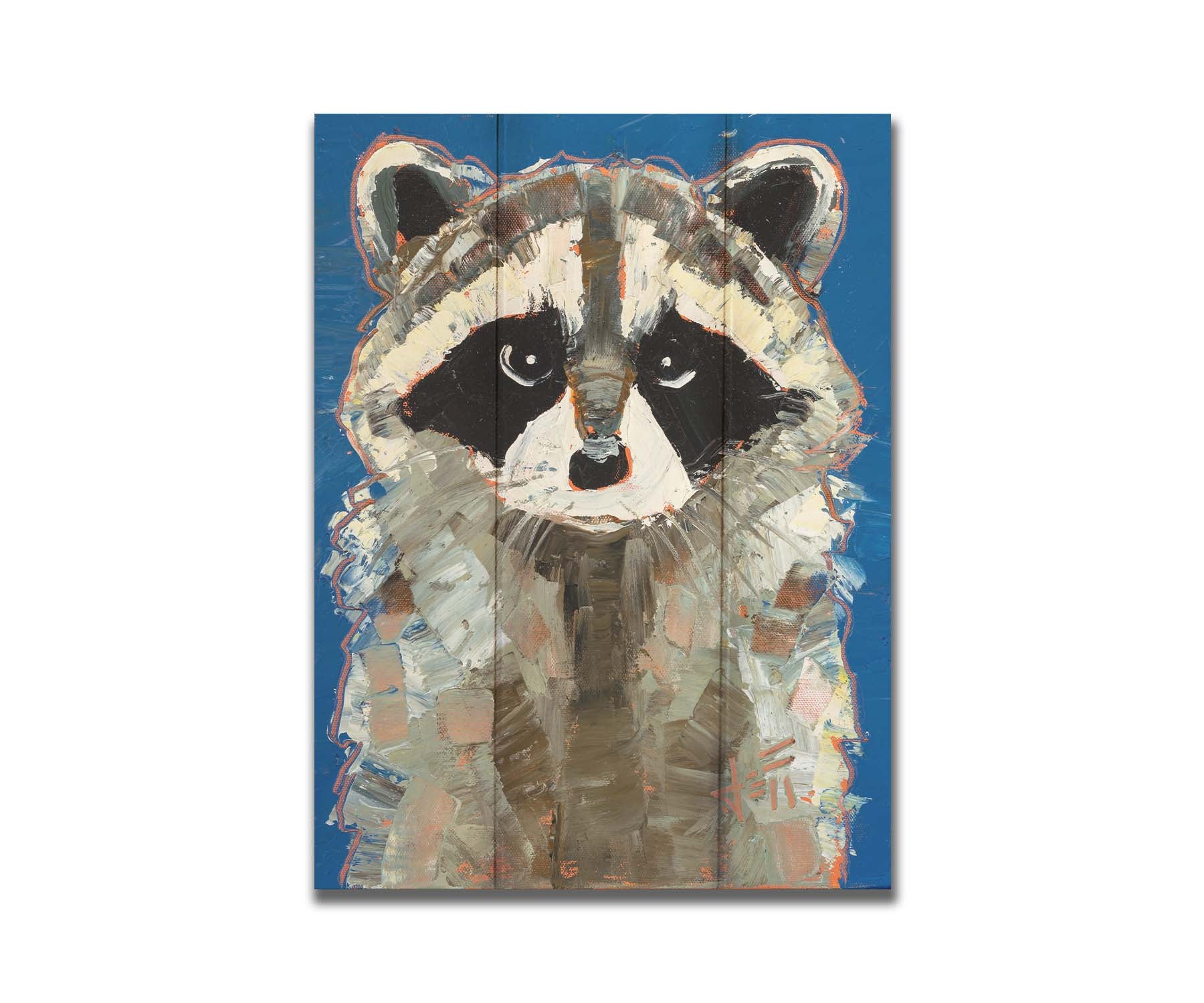 A portrait painting of a gray raccoon against a cobalt blue background. Rectangular, textured brushstrokes emphasize the fluffy textures of its fur. Printed on a box board.