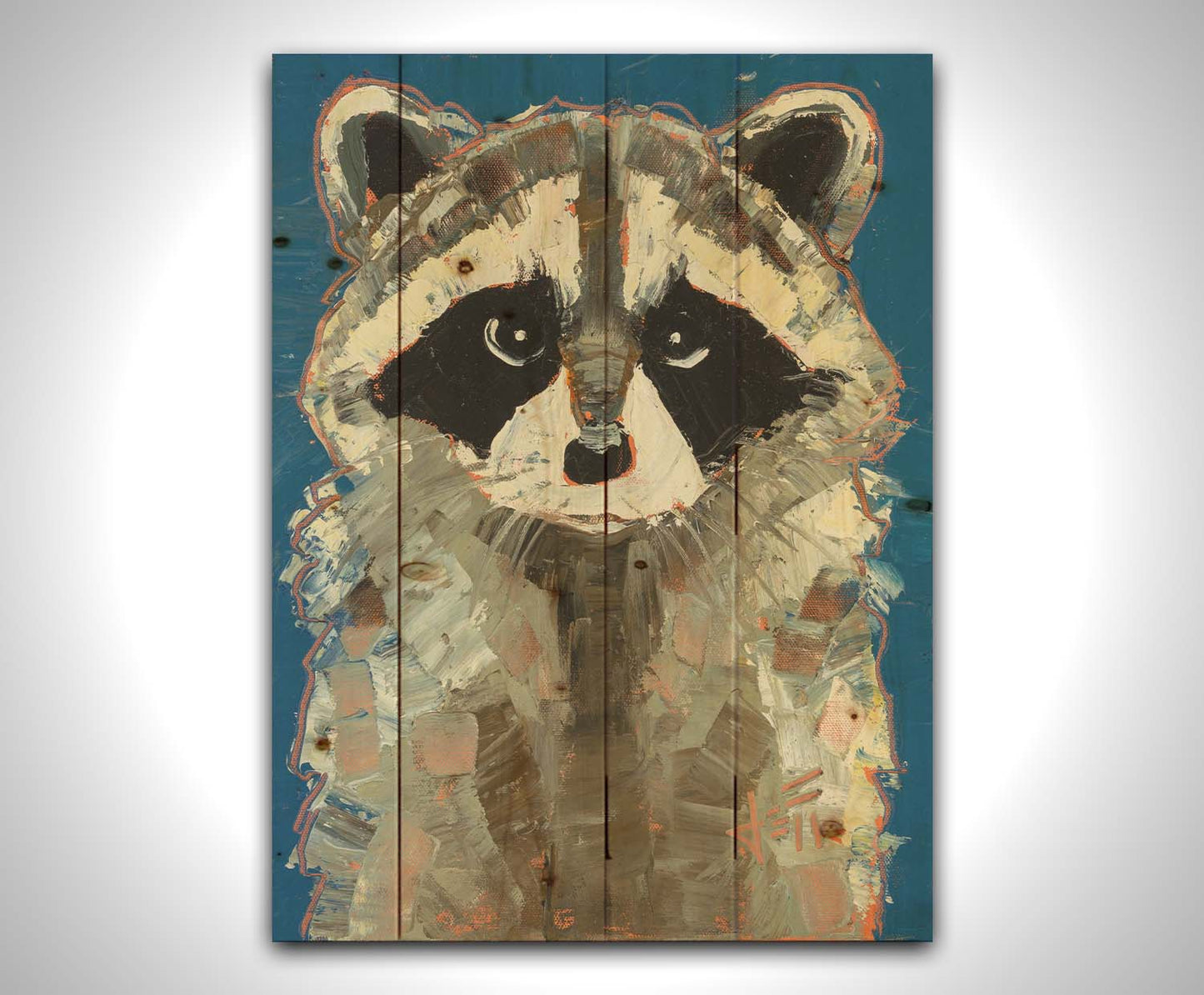 A portrait painting of a gray raccoon against a cobalt blue background. Rectangular, textured brushstrokes emphasize the fluffy textures of its fur. Printed on a wood pallet.