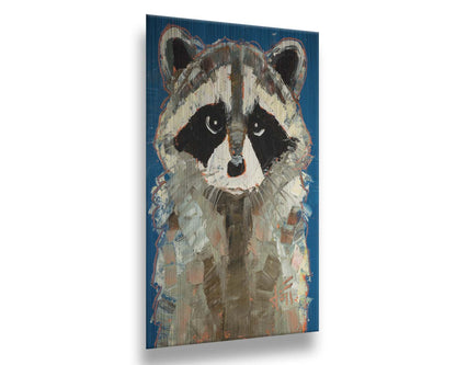 A portrait painting of a gray raccoon against a cobalt blue background. Rectangular, textured brushstrokes emphasize the fluffy textures of its fur. Printed on metal.