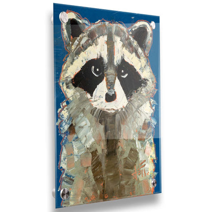 A portrait painting of a gray raccoon against a cobalt blue background. Rectangular, textured brushstrokes emphasize the fluffy textures of its fur. Printed on acrylic.