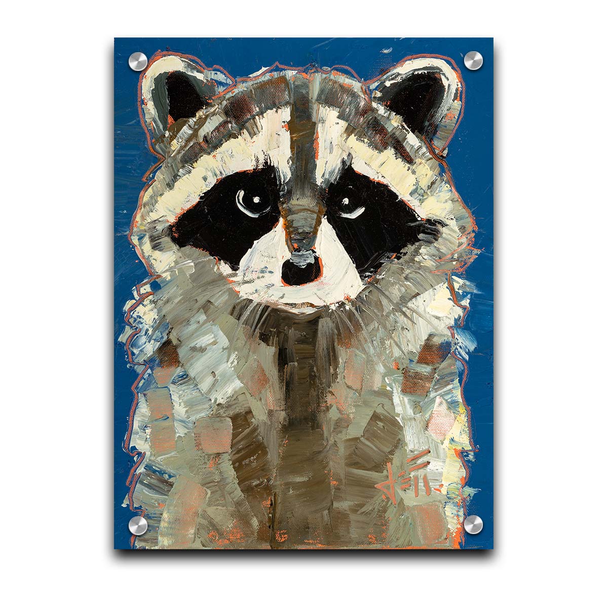 A portrait painting of a gray raccoon against a cobalt blue background. Rectangular, textured brushstrokes emphasize the fluffy textures of its fur. Printed on acrylic.