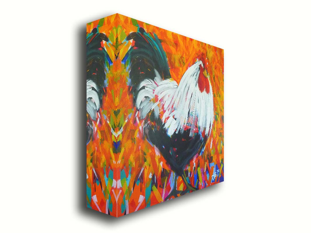 A painting of a bold, fluffy rooster. Its feathers are depicted with long, smooth brushstrokes which guide the eye and create a sense of movement. The background of the portrait is a vibrant pattern of orange hues, accented with a variety of other colors. Printed on canvas.