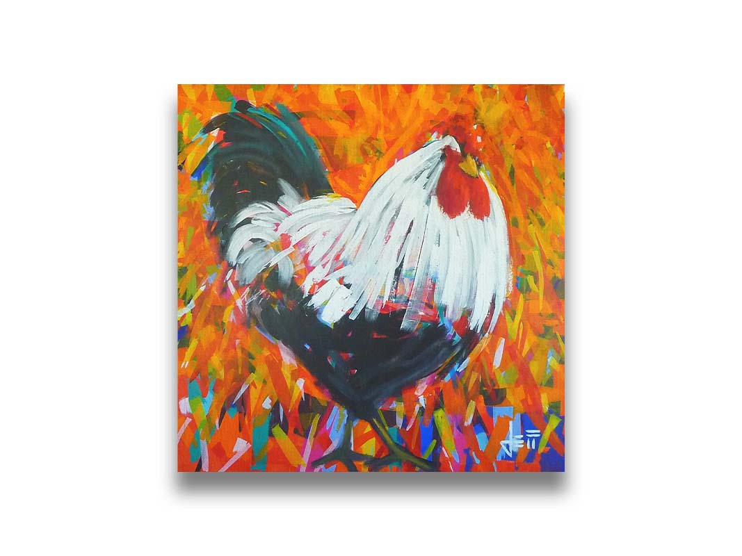 A painting of a bold, fluffy rooster. Its feathers are depicted with long, smooth brushstrokes which guide the eye and create a sense of movement. The background of the portrait is a vibrant pattern of orange hues, accented with a variety of other colors. Printed on canvas.