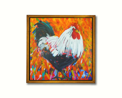 A painting of a bold, fluffy rooster. Its feathers are depicted with long, smooth brushstrokes which guide the eye and create a sense of movement. The background of the portrait is a vibrant pattern of orange hues, accented with a variety of other colors. Printed on canvas in a float frame.