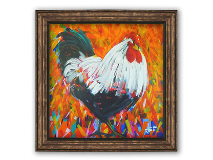 A painting of a bold, fluffy rooster. Its feathers are depicted with long, smooth brushstrokes which guide the eye and create a sense of movement. The background of the portrait is a vibrant pattern of orange hues, accented with a variety of other colors. Printed on canvas and framed.