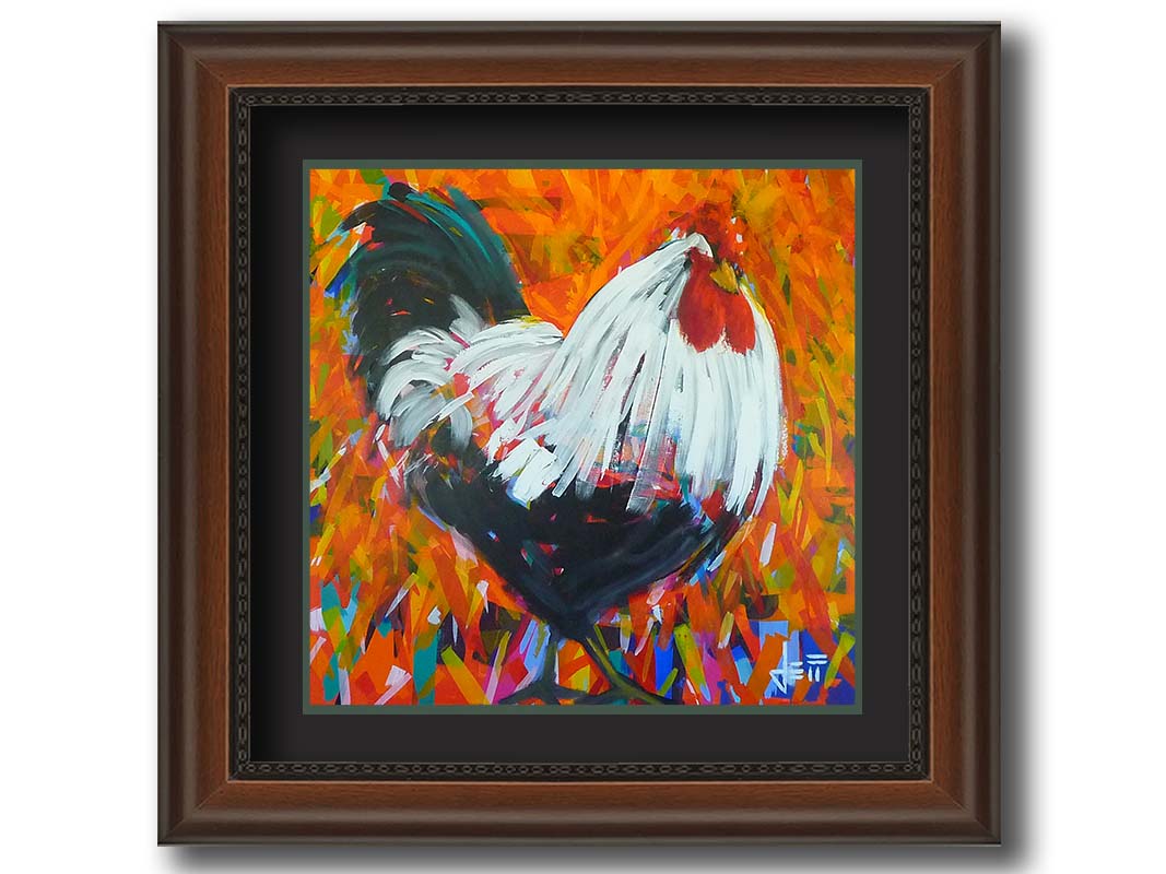 A painting of a bold, fluffy rooster. Its feathers are depicted with long, smooth brushstrokes which guide the eye and create a sense of movement. The background of the portrait is a vibrant pattern of orange hues, accented with a variety of other colors. Printed on paper, matted, and framed.