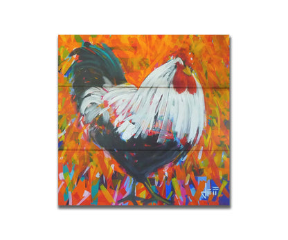 A painting of a bold, fluffy rooster. Its feathers are depicted with long, smooth brushstrokes which guide the eye and create a sense of movement. The background of the portrait is a vibrant pattern of orange hues, accented with a variety of other colors. Printed on a box board.