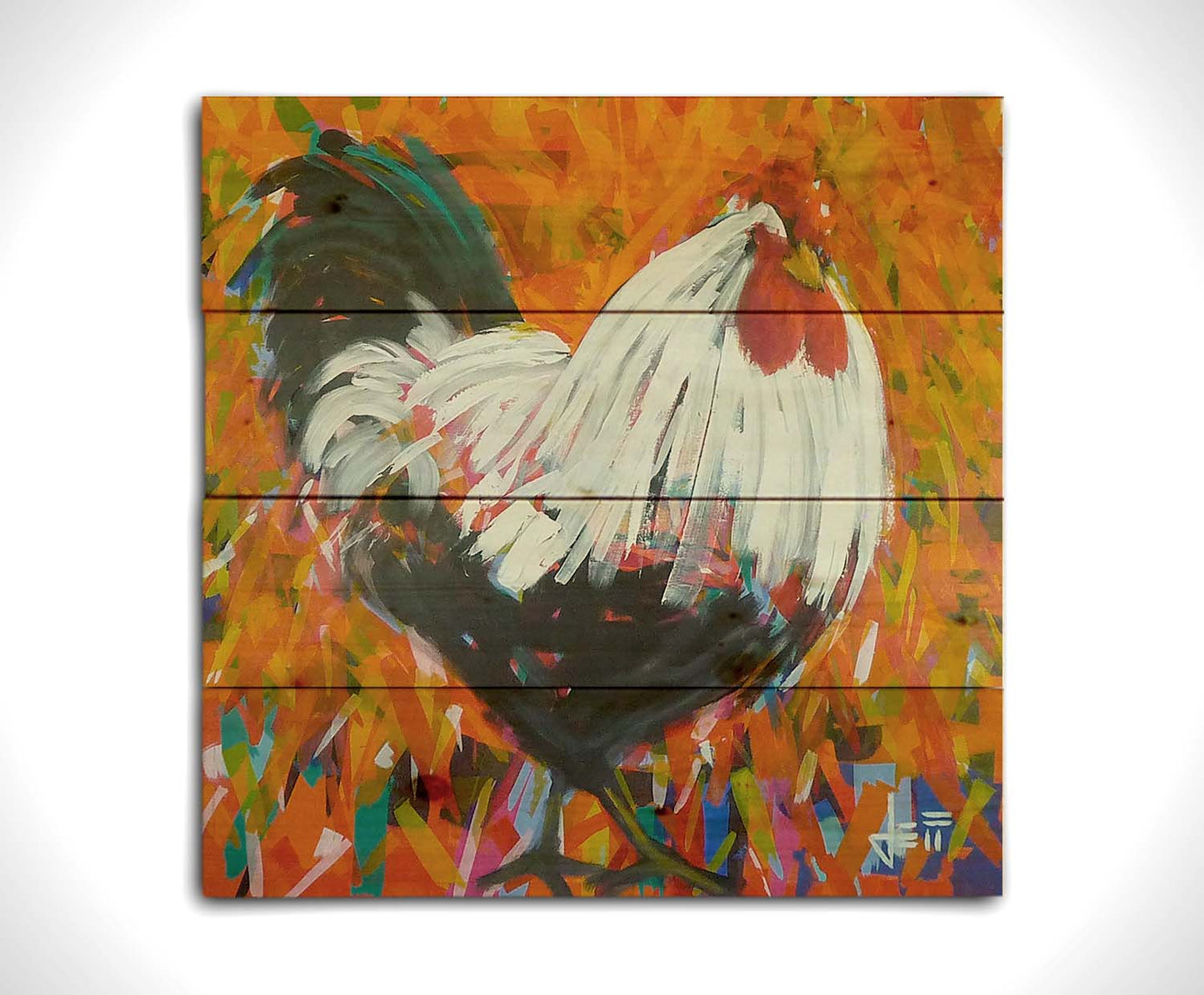 A painting of a bold, fluffy rooster. Its feathers are depicted with long, smooth brushstrokes which guide the eye and create a sense of movement. The background of the portrait is a vibrant pattern of orange hues, accented with a variety of other colors. Printed on a wood pallet.