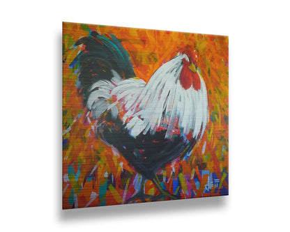 A painting of a bold, fluffy rooster. Its feathers are depicted with long, smooth brushstrokes which guide the eye and create a sense of movement. The background of the portrait is a vibrant pattern of orange hues, accented with a variety of other colors. Printed on metal.