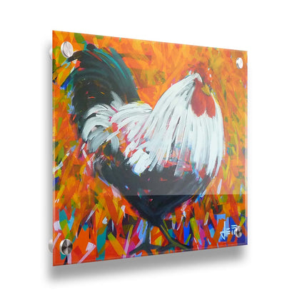 A painting of a bold, fluffy rooster. Its feathers are depicted with long, smooth brushstrokes which guide the eye and create a sense of movement. The background of the portrait is a vibrant pattern of orange hues, accented with a variety of other colors. Printed on acrylic.