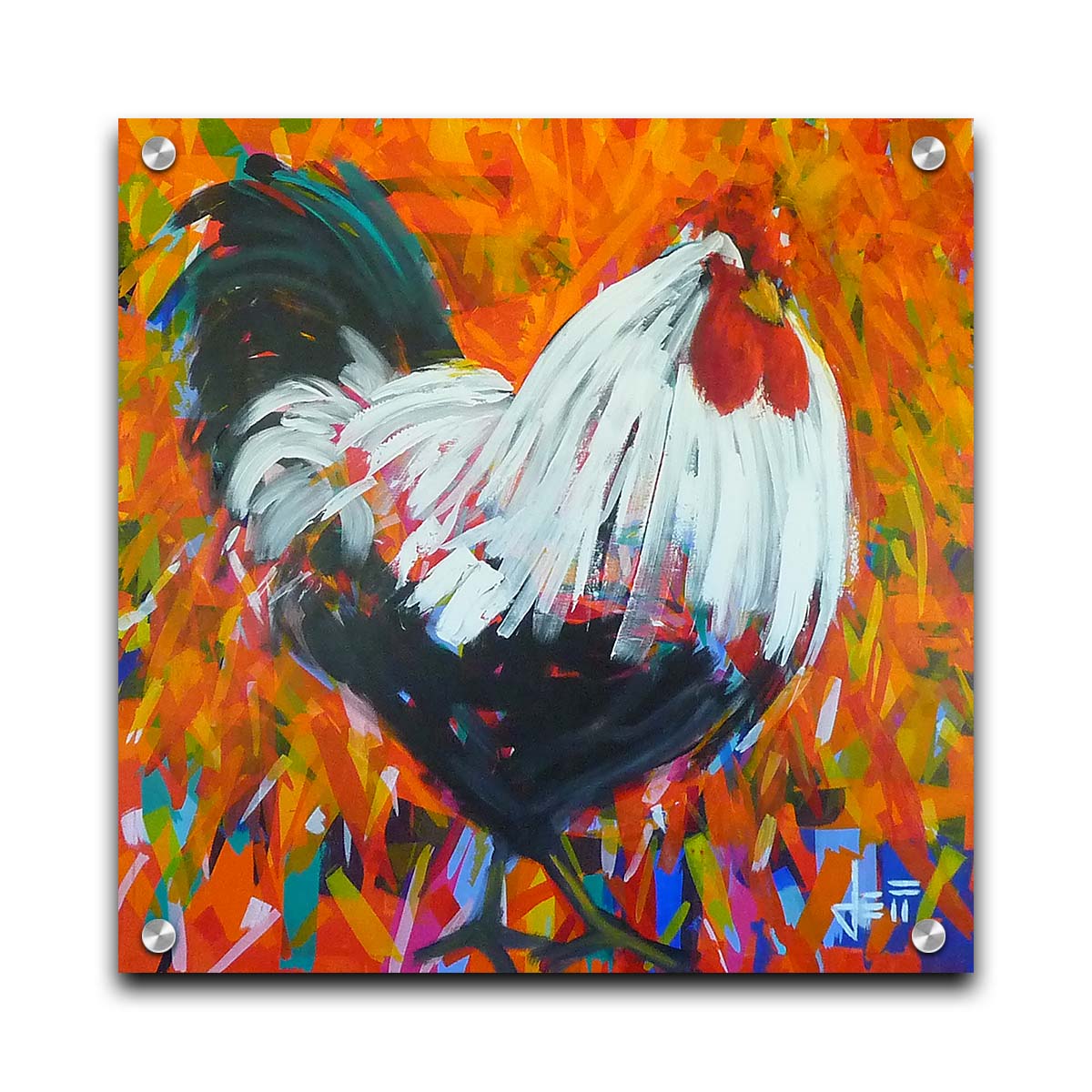 A painting of a bold, fluffy rooster. Its feathers are depicted with long, smooth brushstrokes which guide the eye and create a sense of movement. The background of the portrait is a vibrant pattern of orange hues, accented with a variety of other colors. Printed on acrylic.