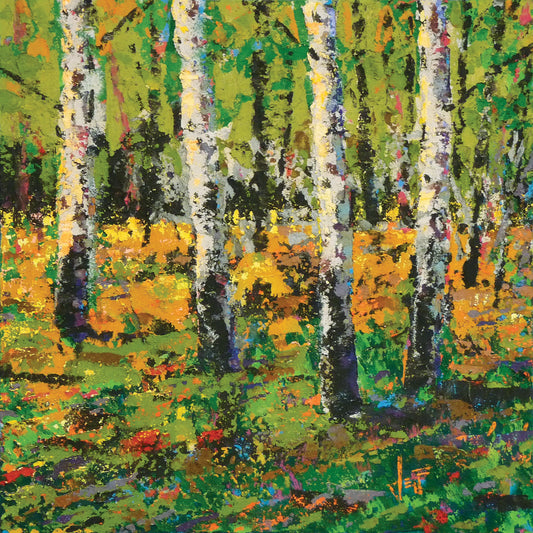 A painting of a birch forest landscape, layering paints in an impasto technique to create a rough, crunchy texture that enhances the bark's natural patterns. 