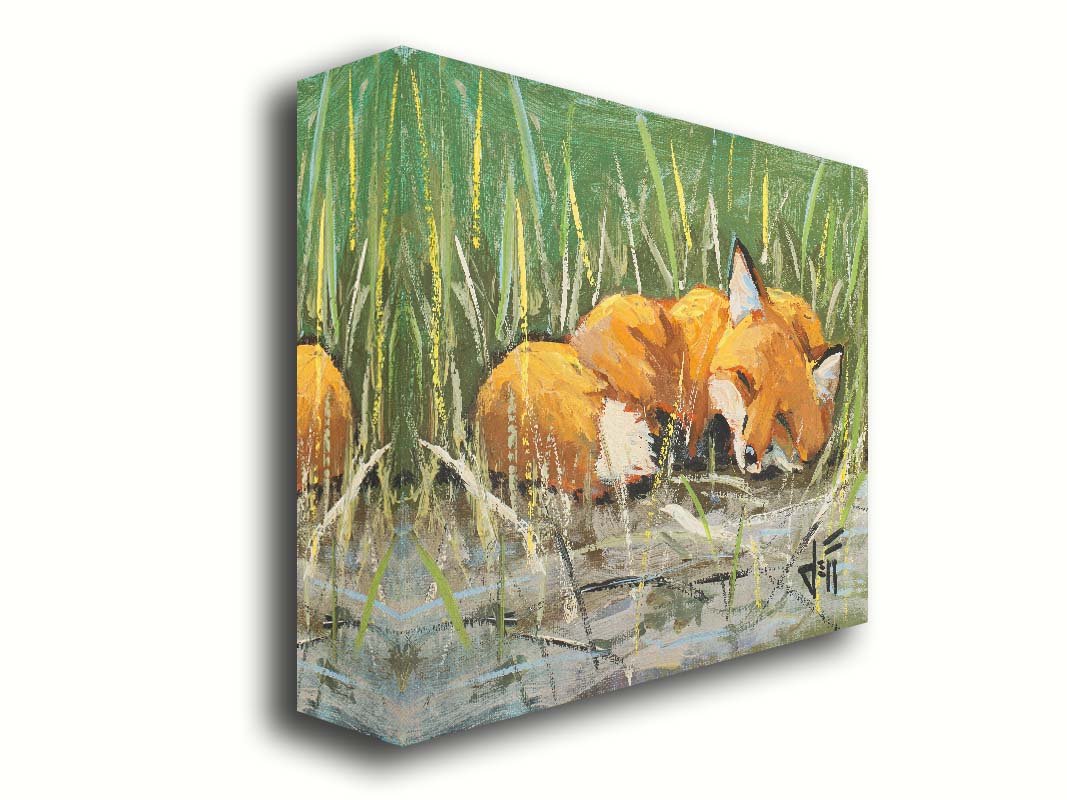 A painting of a red fox at peace, curled up and napping in a nest of green reeds by a tranquil pond. The contrasting colors of the reeds and the fox's fur create a stunning visual. Printed on canvas.